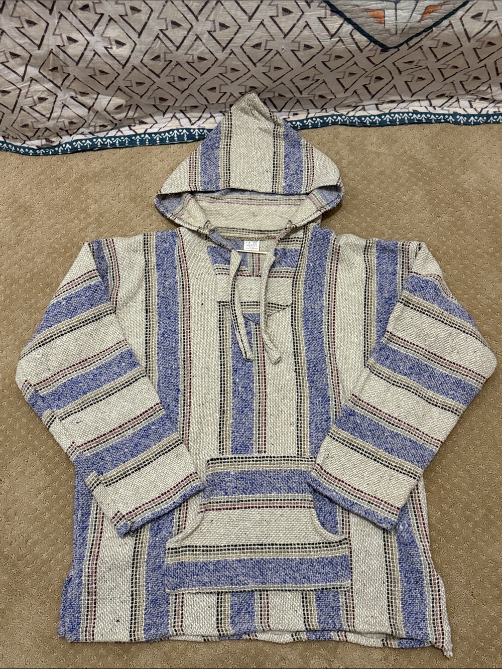 Hooded Baja LS Striped Hoodie, Cream/Blue Stripes, Sz L